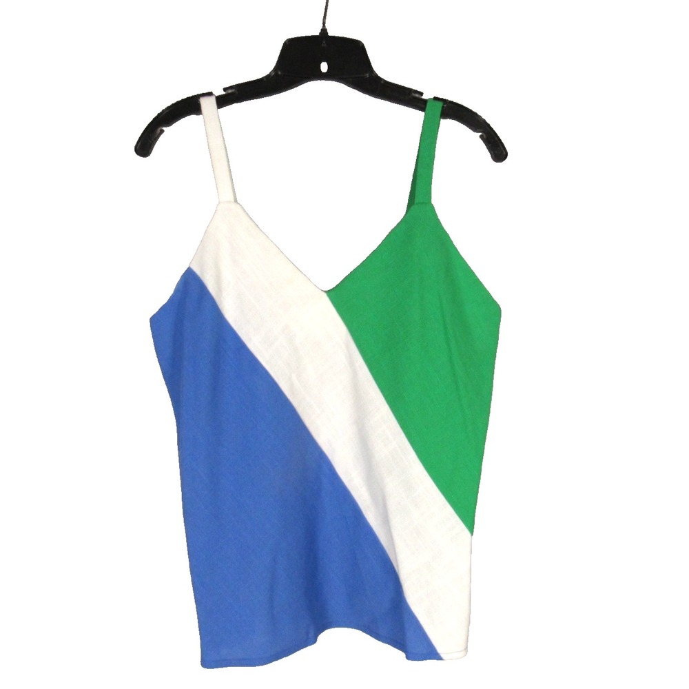 VTG VINCENTI Blue/Green/White COLORBLOCK Twill SLEEVELESS Tank Top/Blouse Sz 18